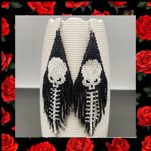 Skull seed bead fringe earrings, goth statement earrings, black and white beaded earrings, long fringe, Halloween jewelry, gift for her