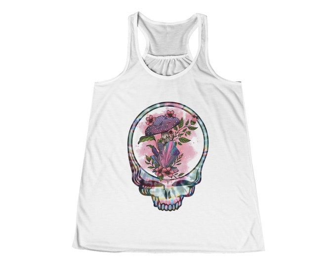 Featured listing image: Stealie with tie dye and mushrooms, Grateful Dead, trippy design Women's Flowy Racerback Tank