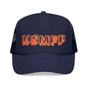 May include: Navy blue trucker hat with the text "WSMFP" in orange and yellow block letters. The hat has a mesh back and a curved brim. A casual accessory for everyday wear.