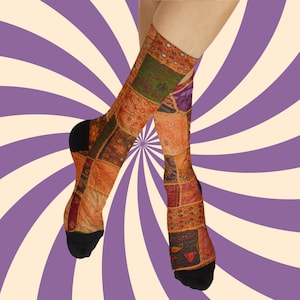 Patchwork Boho Strumpor. Wook. Hippie, Vintage Färgglada Vintage Quilt Mönstrade Strumpor