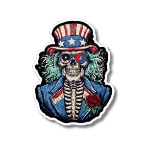 May include: A skeleton wearing a blue jacket and a red, white, and blue Uncle Sam hat with a red rose on the lapel. The skeleton is wearing sunglasses with one red lens and one blue lens.