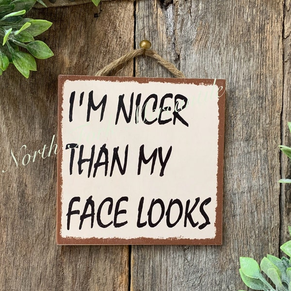 I'm Nicer Than My Face Looks, Funny Sign, Sarcastic Sign, Friend Gift, Funny Office, Good Humor Sign, Gag Gift, Funny Decor, Bar Decor, Boss