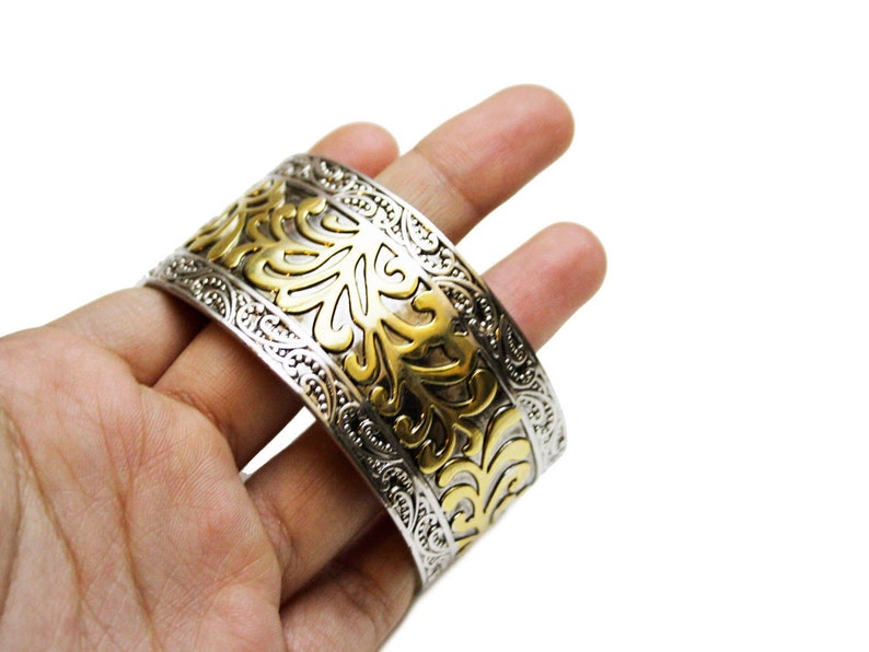 Vintage Mixed Metal Bangle Ornate Gold Silver Bangle with Scroll Details Statement Jewelry