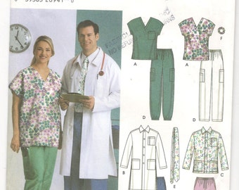 Simplicity 5443 Sewing Pattern, Women's and Mens' Scrub Top, Jacket in Two Lengths, Pants, Tie and Hairband. Size S, M, L.