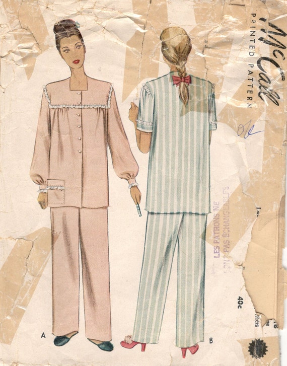McCall 7121 1947 Ladies Two Piece Pajamas. Size 18. Vintage Pattern