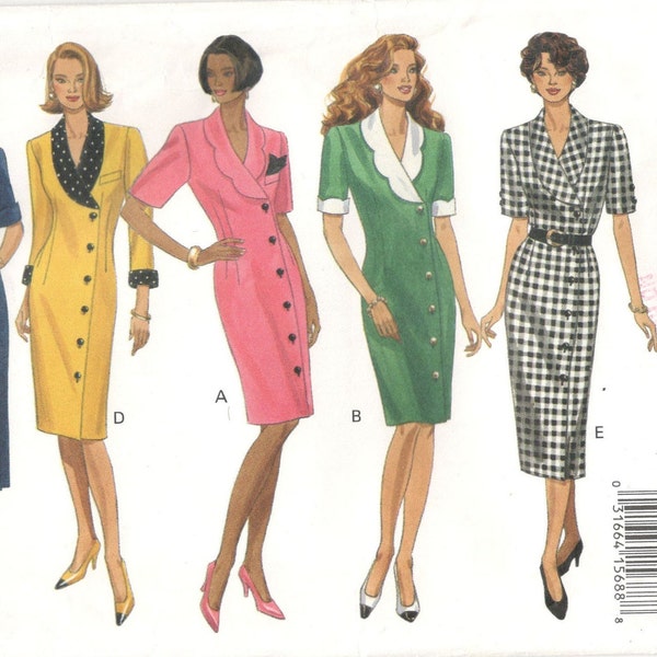 Butterick 6642 Sewing Pattern, Misses' Semi-Fitted Tapered Office Chic Dress, Side Front Buttons, Scalloped Collar Size 12-14-16, Uncut&FF