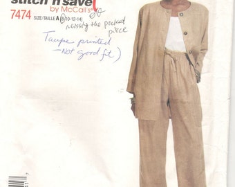 McCall's 7474 Sewing Pattern, Misses' Unlined Jacket, Top and Pull on Pants, Size 8.