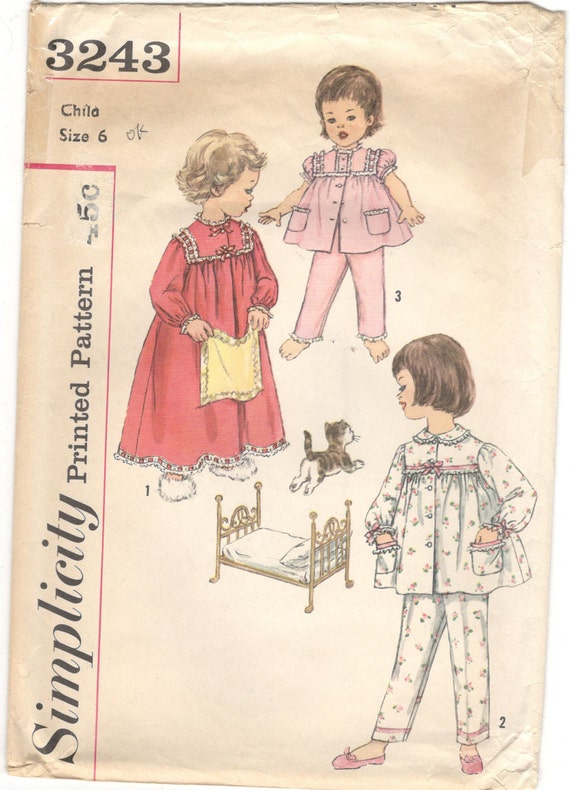 Simplicity 3243 vintage sewing pattern 1950 s Childs Nightgown Pajamas Set Size 6