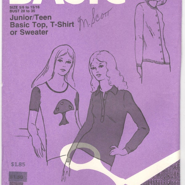 Basic Knits 702 Sewing Pattern, Junior/Teen Basic Top, T-shirt or Sweater, Size 5/6-15/16, Bust: 28-35, Vintage Pattern, Uncut and FF.