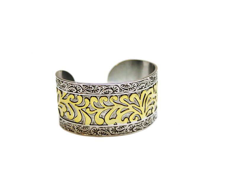 Vintage Mixed Metal Bangle Ornate Gold Silver Bangle with Scroll Details Statement Jewelry