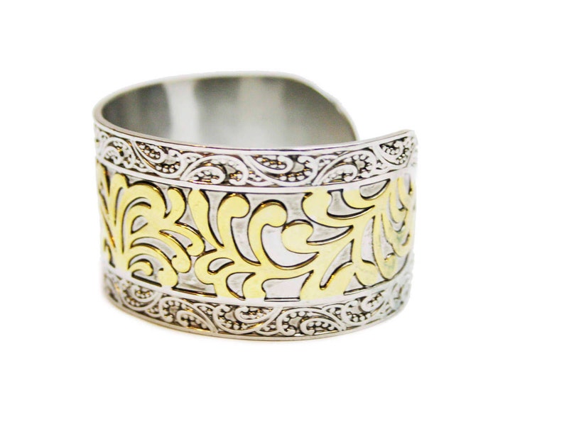 Vintage Mixed Metal Bangle Ornate Gold Silver Bangle with Scroll Details Statement Jewelry