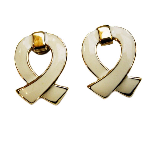 Vintage Cream and Gold Ribbon Earrings, Gold Tone Metal Bow Earrings, Gift for Her