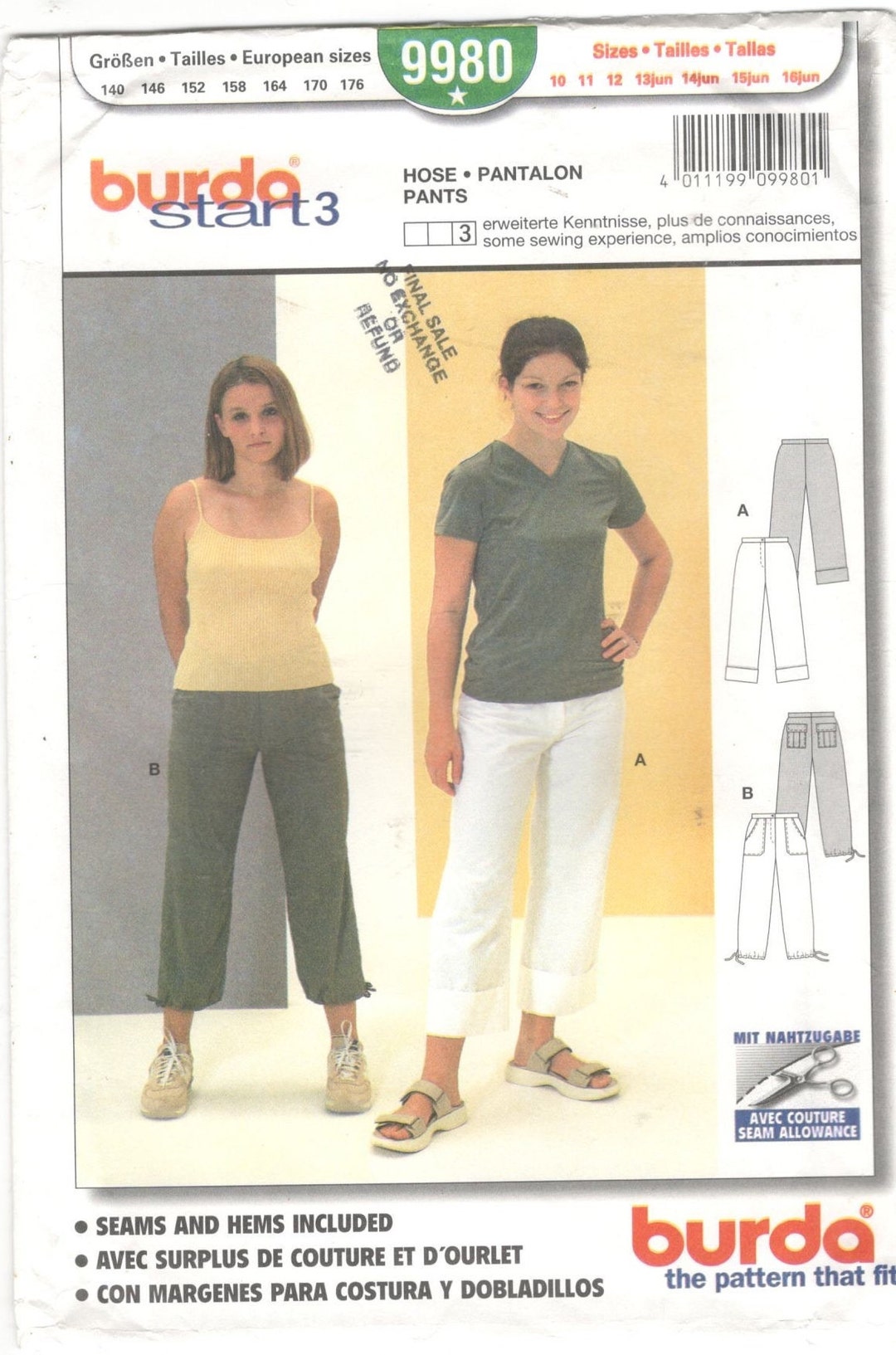 Uncut Burda 9980 Sewing Pattern, Teens'/miss' Pants Pattern, Close ...