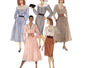 Uncut McCall's 3988, 80s sewing pattern, size 10-14 women's button down dress, flared skirt, shoulder pads