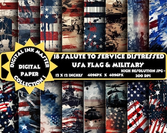 18 Digital Papers - Distressed USA Flag & Military Designs | Salute to Service Collection | Perfect for Scrapbooking and Crafts 1