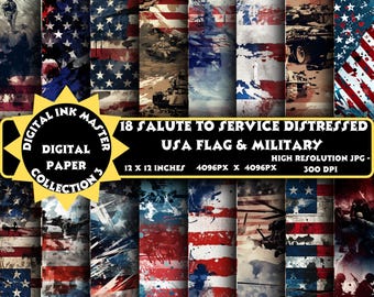 18 Digital Papers - Distressed USA Flag & Military Designs | Salute to Service Collection | Perfect for Scrapbooking and Crafts 3