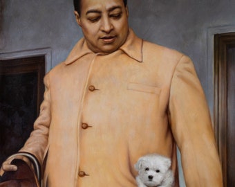 Paramahansa Yogananda With Miniature Maltese Dog. Canvas, Ready To Hang In Your Meditation Room