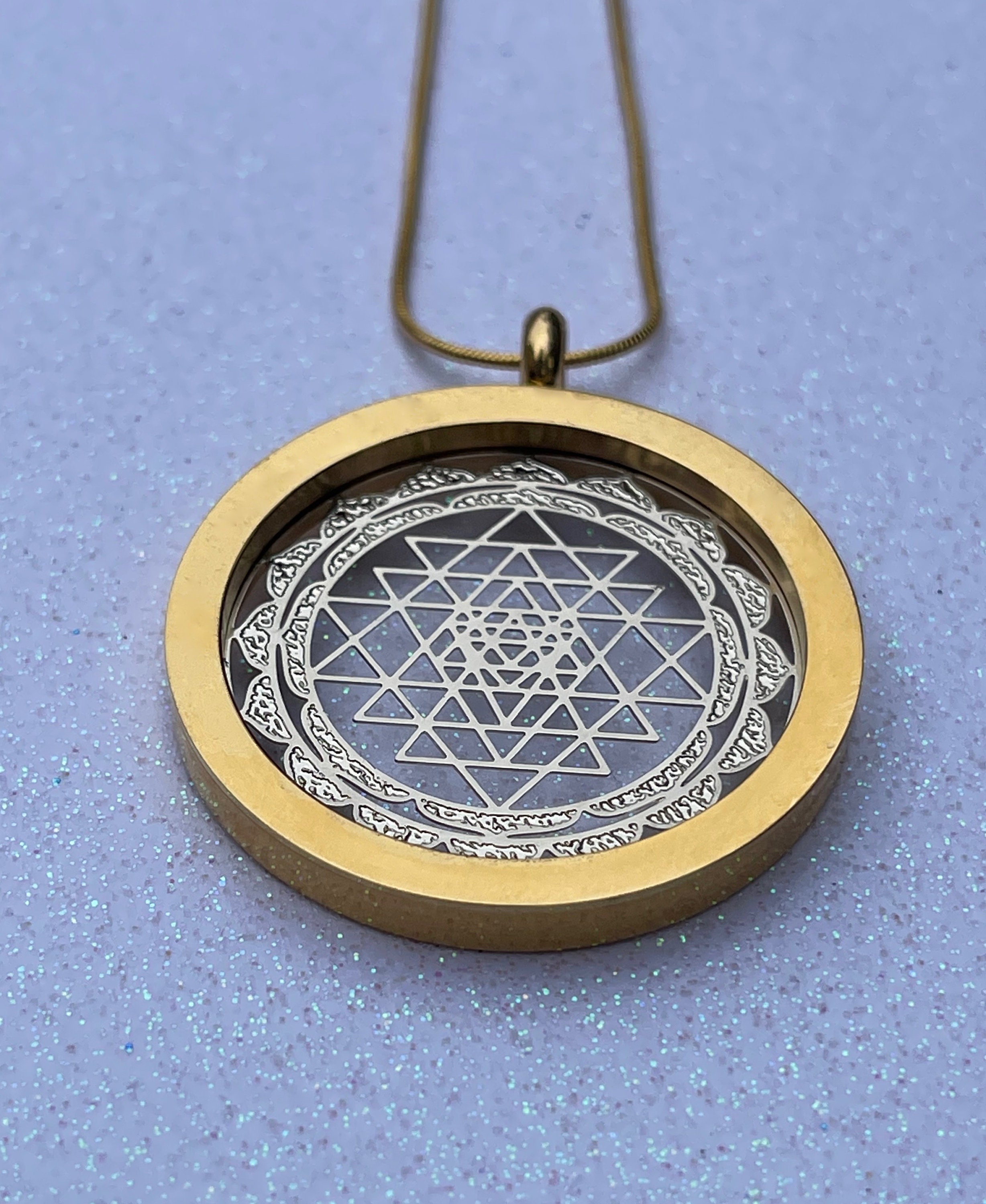 Sri Yantra Sacred Geometry Pendant. Gold Outside Ring, Silver Inside, with Gold Chain. GS SYP