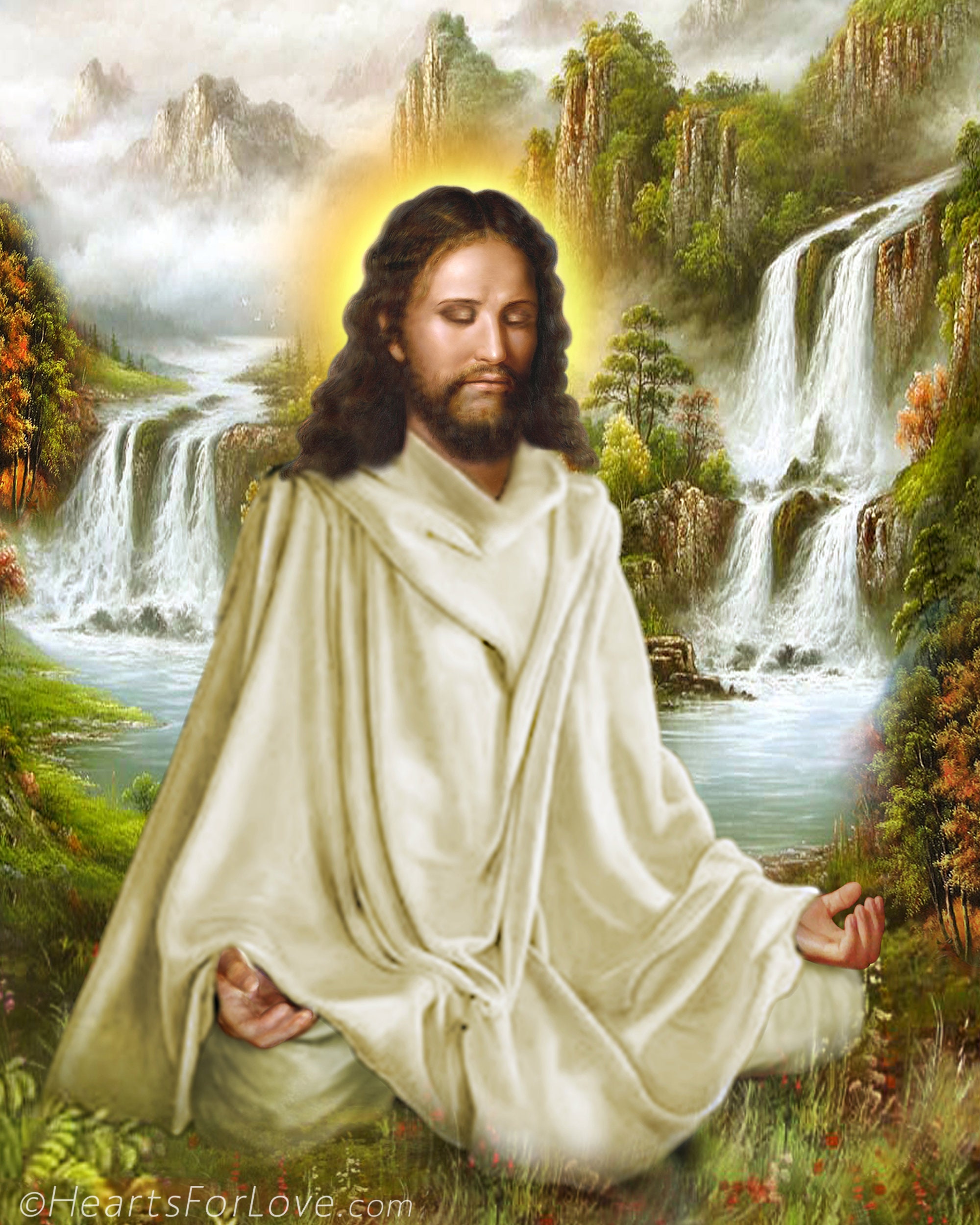 Jesus Christ Meditating in Nature by Waterfall Fine Art Print | Etsy