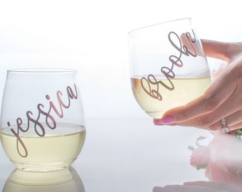 Personalized Name PLASTIC Stemless Wine Glass Flexible and lightweight - BACHELORETTE Party - Girls Trip