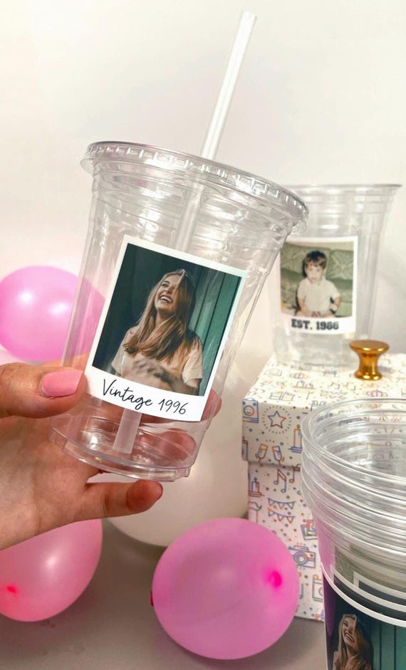Custom Photo Cups 16oz Personalized Plastic Cups with Text for Parties Events Birthday Supplies Decorations Vintage