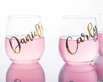 Personalized Name PLASTIC Stemless Wine Glass - Lightweight & flexible - BACHELORETTE Party - Girls Trip