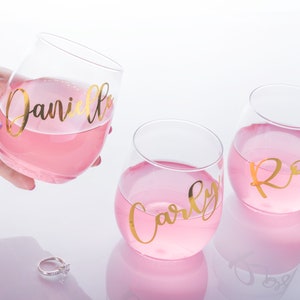 Personalized Stemless PLASTIC Wine Glass Wine Glasses Bridesmaid Proposal Bachelorette Girls Night Out LIGHT, FLEXIBLE, single use image 1