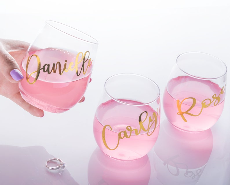 Personalized Stemless PLASTIC Wine Glass Wine Glasses Bridesmaid Proposal Bachelorette Girls Night Out LIGHT, FLEXIBLE, single use image 1