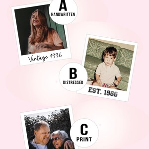May include: A graphic display titled FONT OPTIONS featuring three square photo frames. Option A shows a person with the text Vintage 1996. Option B shows a child with the text EST. 1986. Option C shows two people with the text Cheers to 50 years!