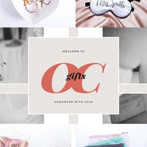 May include: Assortment of personalized gifts, including wine bottle openers, champagne flutes, sleep masks, ring dish, cosmetic bags, wine glasses, heart-shaped sunglasses, and keychains. The image features a variety of items with custom names and initials.