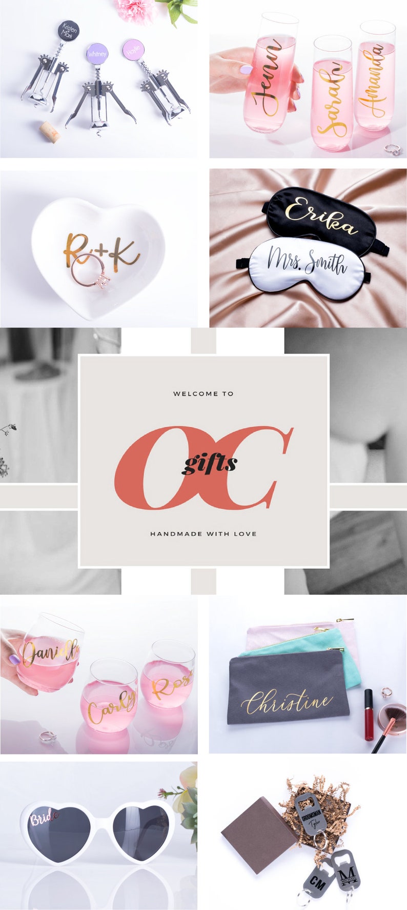 May include: Assortment of personalized gifts, including wine bottle openers, champagne flutes, sleep masks, ring dish, cosmetic bags, wine glasses, heart-shaped sunglasses, and keychains. The image features a variety of items with custom names and initials.