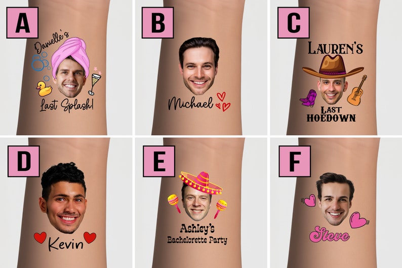 Bachelorette tattoos, Bachelorette party tattoos, Groom face, custom tattoo, face tattoo, picture tattoo, Bride tattoo, party favors groom