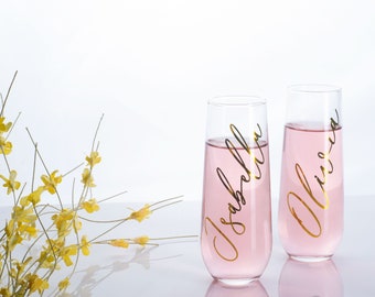 Bridesmaid champagne flutes- personalized champagne glasses- stemless champagne flutes for bridal party- gifts for bridesmaid proposal idea