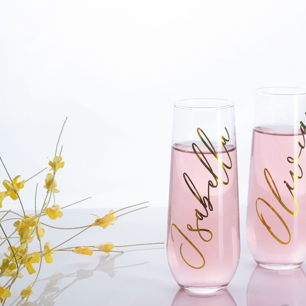 Bridesmaid champagne flutes- personalized champagne glasses- stemless champagne flutes for bridal party- gifts for bridesmaid proposal idea