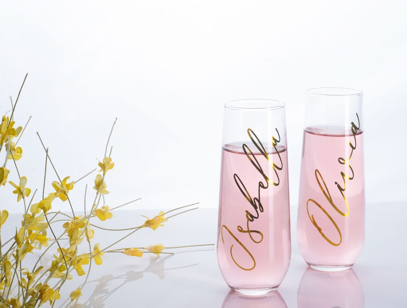 Bridesmaid champagne flutes personalized champagne glasses stemless champagne flutes for bridal party gifts for bridesmaid proposal idea image 1