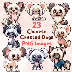 Kawaii Cute Chinese Crested Dog Bundle, 23 PNG clipart, Transparent Background, Cartoon Hairless Puppy Digital Art Sticker Images
