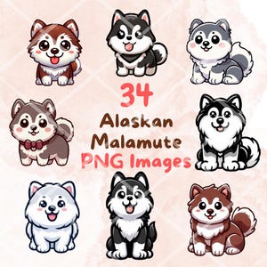 Kawaii Cute Alaskan Malamute Clipart Bundle, 34 Stück PNG Clipart, transparenter Hintergrund, Cartoon Welpen Digital Art Sticker Illustrationen