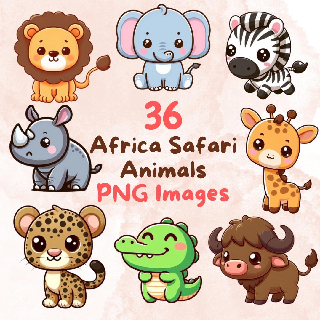 Kawaii Safari Animal Clipart Bundle: 36 PNG Stickers (digital Download) -  Etsy, image size:1080x1080