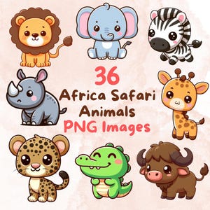 Kawaii Africa Safari Animal Bundle, 36 sztuk PNG clipart, Przezroczyste tło, Słodkie kreskówki, Cyfrowe naklejki artystyczne, Wysoka jakość