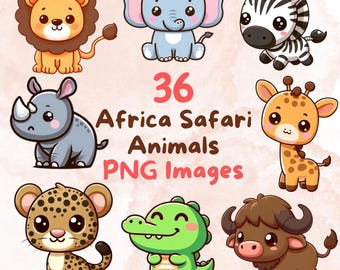 May include: A set of 36 cute cartoon images of African safari animals. The animals are drawn in a simple, childlike style and include a lion, elephant, zebra, rhinoceros, giraffe, leopard, crocodile, and buffalo. The images are perfect for use in children's books, educational materials, or crafts.