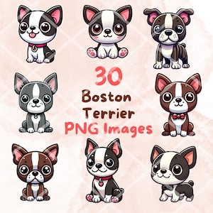 Bundle de chien kawaii mignon Boston Terrier, 30 pcs PNG clipart, fond Transparent, dessin animé chiot Art numérique images autocollant