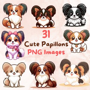 Kawaii Cute Papillon Dog Bundle, 31pcs PNG clipart, Fundo transparente, Adesivos de desenho animado de cachorrinhos adoráveis