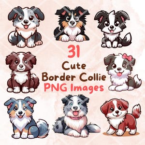 Kawaii Cute Border Collie Dog Bundle #1, 30pcs PNG clipart, Transparent Background, Cartoon Puppy Digital Art Sticker Illustrations