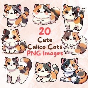 Pacchetto di gatti calico kawaii, 20 clipart PNG, sfondo trasparente, immagini di adesivi di gattini carini, alta qualità