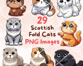 Zestaw clipartów z kotem szkockim zwisłouchym Kawaii: 29 obrazów PNG (pobieranie cyfrowe)