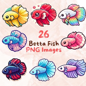 Kawaii Colorful Betta Fish Bundle, 26pcs PNG clipart, Transparent Background, Cute Cartoon Digital Art Sticker Images, High quality