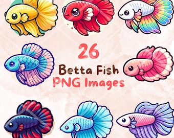 May include: 26 colourful cartoon betta fish illustrations. The fish are in various poses and have different colours and patterns. The illustrations are perfect for digital scrapbooking, card making, and other creative projects.