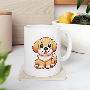 Kawaii Golden Retriever Dog Ceramic Mug, Cute Cartoon White Coffee Cup for Dog Lovers, Pet Owner Gift, Puppy Lover Tea Mug, Animal Lover