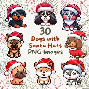 Kawaii Cute Dogs with Santa Hats Bundle #1 30pcs PNG clipart, Transparent Background, Cartoon Puppy Digital Art Sticker Images, High quality