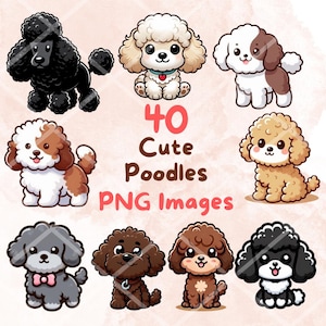 Kawaii Cute Poodle Dog Bundle, 40 PNG clipart, Transparent Background, Cartoon Puppy Digital Art Sticker Images